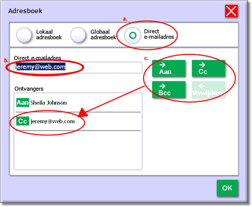 IKON DocSend User Guide Tabblad Verzenden 39 Een rechtstreeks e-mailadres invoeren Om een inschrijving in de bestemmelingenlijst te verwijderen, klikken op de bestemmeling en dan op de knop