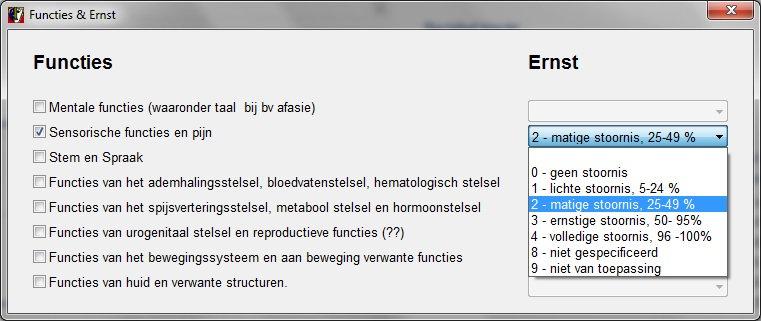 Anamnese (tabblad) Naast de normale tekstvakken en aanvinkhokjes vindt u op dit tabblad 2 speciale knoppen: De knoppen Functies & Ernst en Activiteiten en Participatie & Ernst bij ervaren