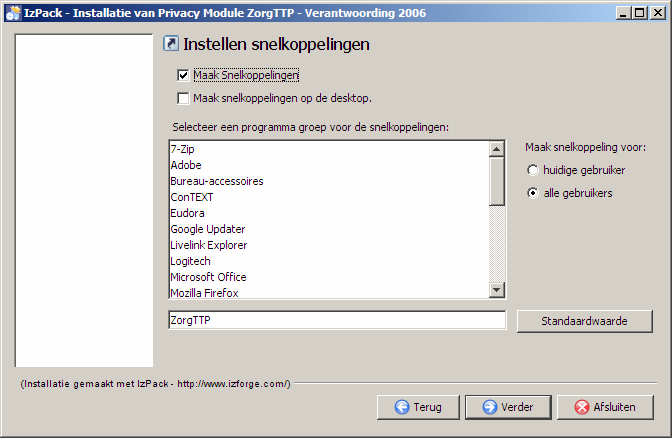 Figuur 3 Bovenstaande pop-up geeft aan in welke map de Privacy Module ZorgTTP zal worden geïnstalleerd. Dat is in dit geval de standaardmap ( pseudonimiserings en Verzend Module ). Klik nu op Ok.