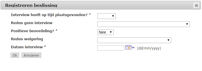 8. Selectieproces Interview en beslissing Inplannen interview: Door via () een voorstel van datum en uur voor een interview in te geven en vervolgens op () te klikken, wordt automatisch een afspraak