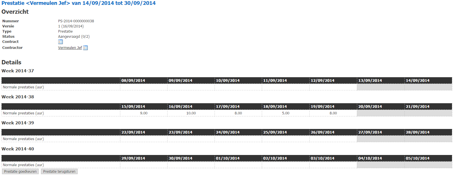 0. Timesheets Goedkeuring en weigering (Aanvrager) Door naar de details te gaan van de prestaties, krijgt u een overzicht van de uren zoals deze werden doorgegeven.