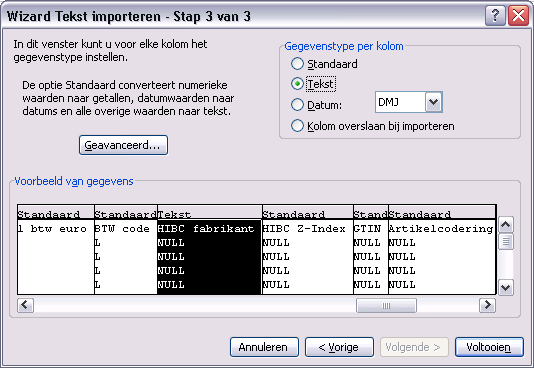 Pagina 22 Vink Tab UIT en vink Puntkomma AAN. Klik op Volgende, Punt Komma Klik op Geavanceerd, zorg dat Decimaalteken op punt staat en Scheidingsteken voor duizendtallen op een komma.