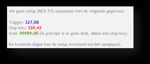 VOORBEELD 1 (EEN NEGATIEVE TRADE IN DE AEX) S I G NA A L 1: NI E U W E SE T - UP Op 12 augustus 2010 kwam s avonds het volgende signaal op de AEX: AEX-13 betekent het 13 e signaal binnen het