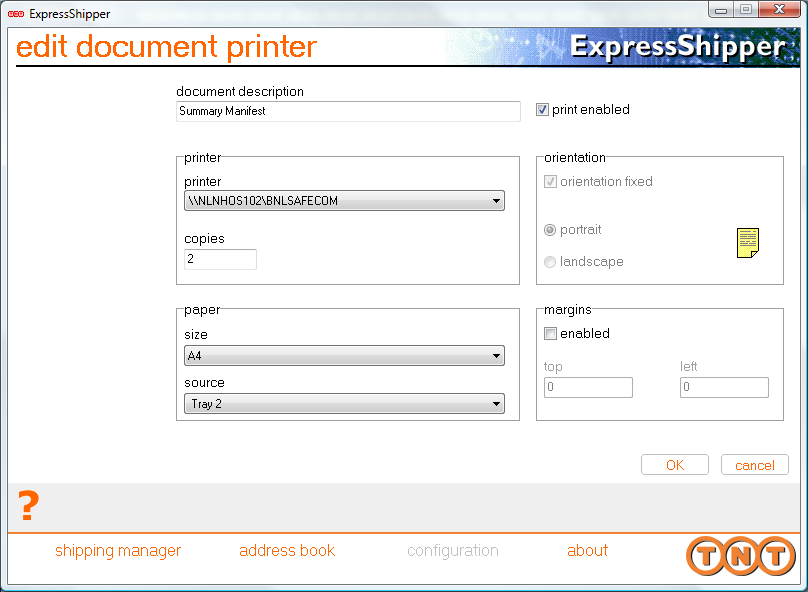 Bij het document profile type kunt u aangeven hoe u de printer settings wilt opslaan: voor uzelf (personal); lokaal (local); voor iedereen, die van ExpressShipper op het netwerk gebruik maakt