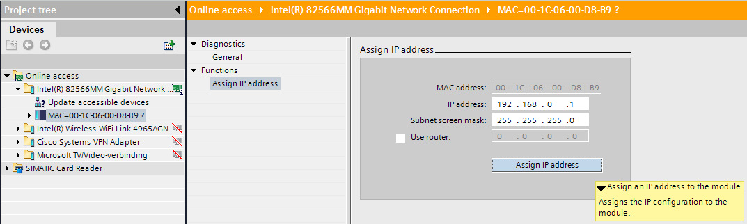 Figuur 17 In het middenscherm vindt men onder Functions, Assign IP adress.