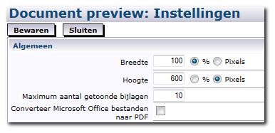 3.5.4 Geavanceerde instellingen Wanneer u in het scherm Add-on Inrichting Document Preview: Documenttypes - Instellingen klikt op Instellingen, kunt u extra instellingen opgeven voor de previews.