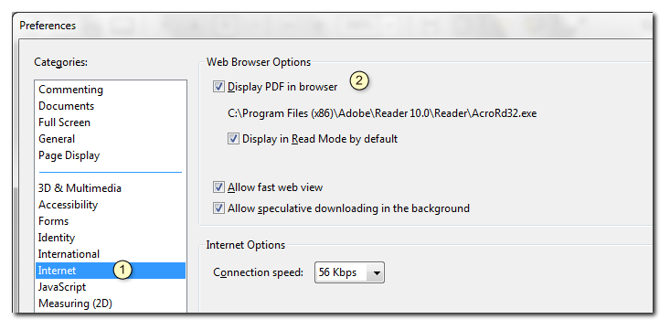 Kies voor het item Internet (1) en vink de optie Display PDF in browser (2) aan. Is de optie al aangevinkt, vink deze dan uit en sluit het scherm af.