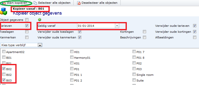 Stap 1: selecteer welke gegevens gekopieerd moeten worden (bijvoorbeeld vink Tarieven aan). Geef ook op vanaf welke datum zijn tarieven gekopieerd moeten worden.