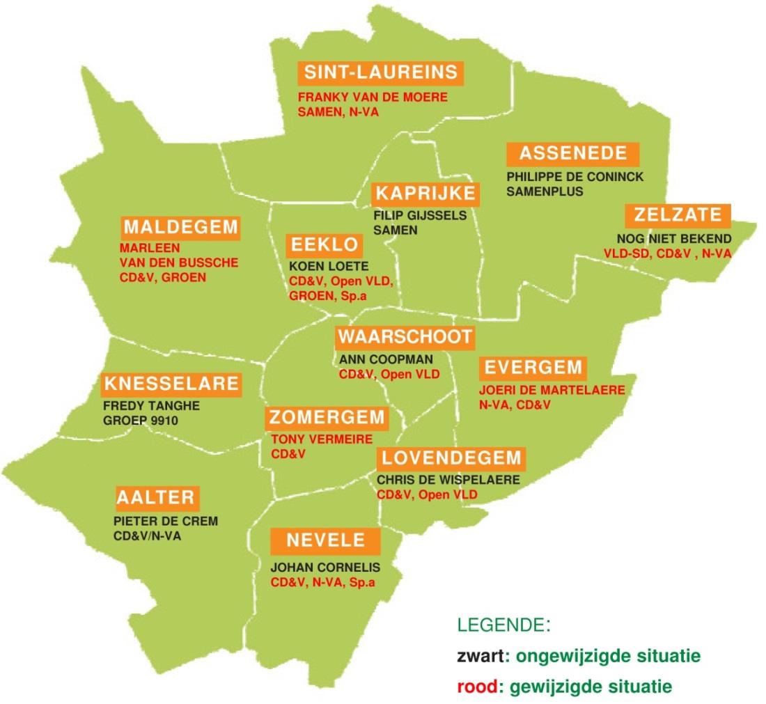 Burgemeesters en meerderheden in Meetjeslandse gemeenten Kaart: Streekplatform+ Meetjesland Politieke partijen: in de Meetjeslandse gemeenteraden zetelen in totaal 285 raadsleden.