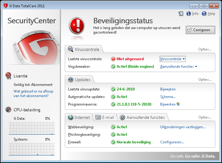 SecurityCenter Na het installeren van de G Data-software werkt uw virusbescherming in principe volledig automatisch.