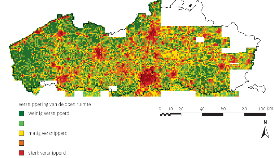 - 69 - het toegenomen aantal verkeersslachtoffers bij dieren, door het intensievere gebruik door verkeer van de linten. 65 Figuur 35: Versnippering van de open ruimte in Vlaanderen.