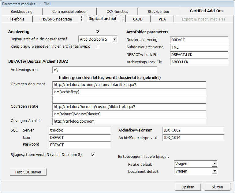 8 1.1.2 Digitaal Archief Parameters DBFACTw Verder dient u in de Parameter Modules (direct-menu 31) op het tabblad Certified Add-Ons --> Digitaal Archief onderstaande instellingen in te geven.