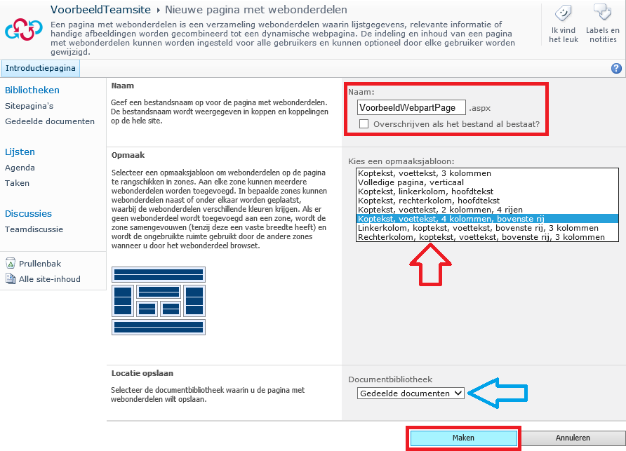 Aanmaken Web Part Page / Pagina met webonderdelen Net als in voorgaande versies van SharePoint zijn ook binnen EDUgroepen met SharePoint2010 pagina s met webonderdelen beschikbaar.