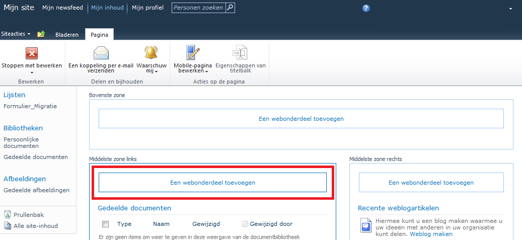 4. Webonderdelen (Web Parts) op de Teamsite Een SharePoint pagina is opgedeeld in een aantal zones op het scherm. In elke zone kunnen Webonderdelen, veelal Web Parts genoemd, geplaatst worden.