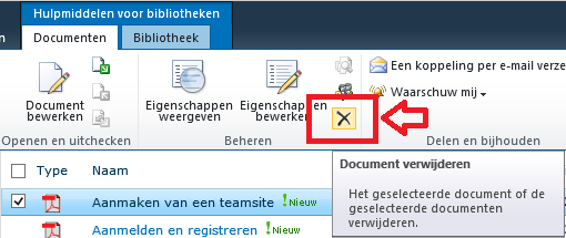 Bestanden verwijderen Klik in het menu op een Documentbibliotheek. Open eventueel de gewenste submap door deze aan te klikken.