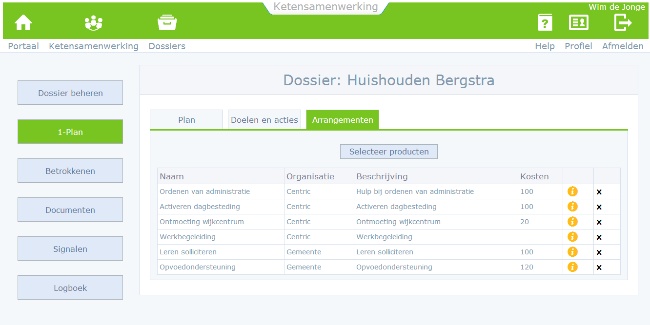 Arrangementen Vanuit de module arrangement in Key2Ketensamenwerking voegt u producten en diensten uit de catalogus toe aan het dossier.