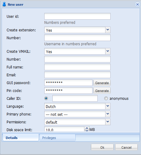 Nieuwe telefoongebruiker toevoegen 1. Klik op Add en kies uit de keuzelijst de optie Phone User. 2. Vul de volgende velden in: User id: vul hier de naam van de gebruiker in.