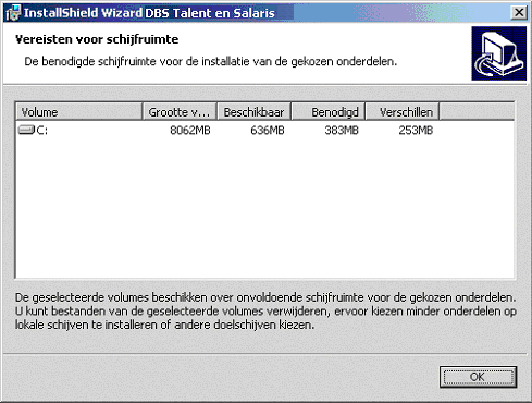 Indien er voldoende ruimte is kunt u op OK klikken en daarna op Volgende. Indien er te weinig ruimte is, wordt DBS Talent & Salaris niet geïnstalleerd.