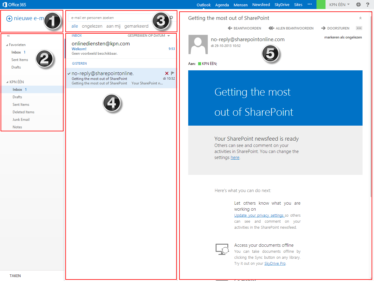3.5 Aan de slag met e-mail, agenda en contacten E-mail binnen Zakelijk Office 365 is een uitgebreide, professionele e-mailomgeving.