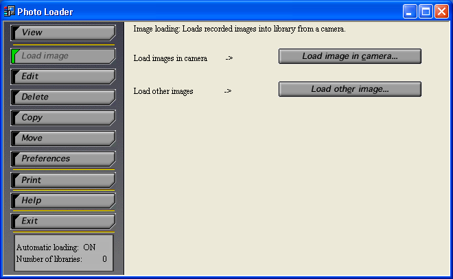 1. Klik op de [Load image] functieknop. 2. Selecteer de Load image in camera optie op basis van de aansluiting tussen de digitale camera (of geheugenkaart) en uw PC. 3.