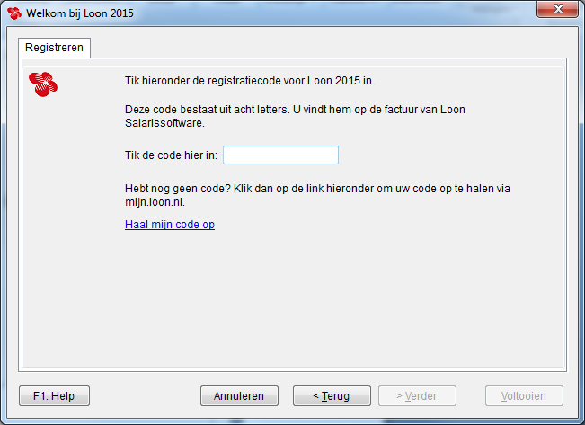 2.2 Loon 2015 registreren Na 'Verder' gaat u uw code voor Loon 2015 registreren. Afbeelding: Welkomstwizard, Registreren U vindt uw code voor 2015 op uw Loon Salarissoftware-factuur.