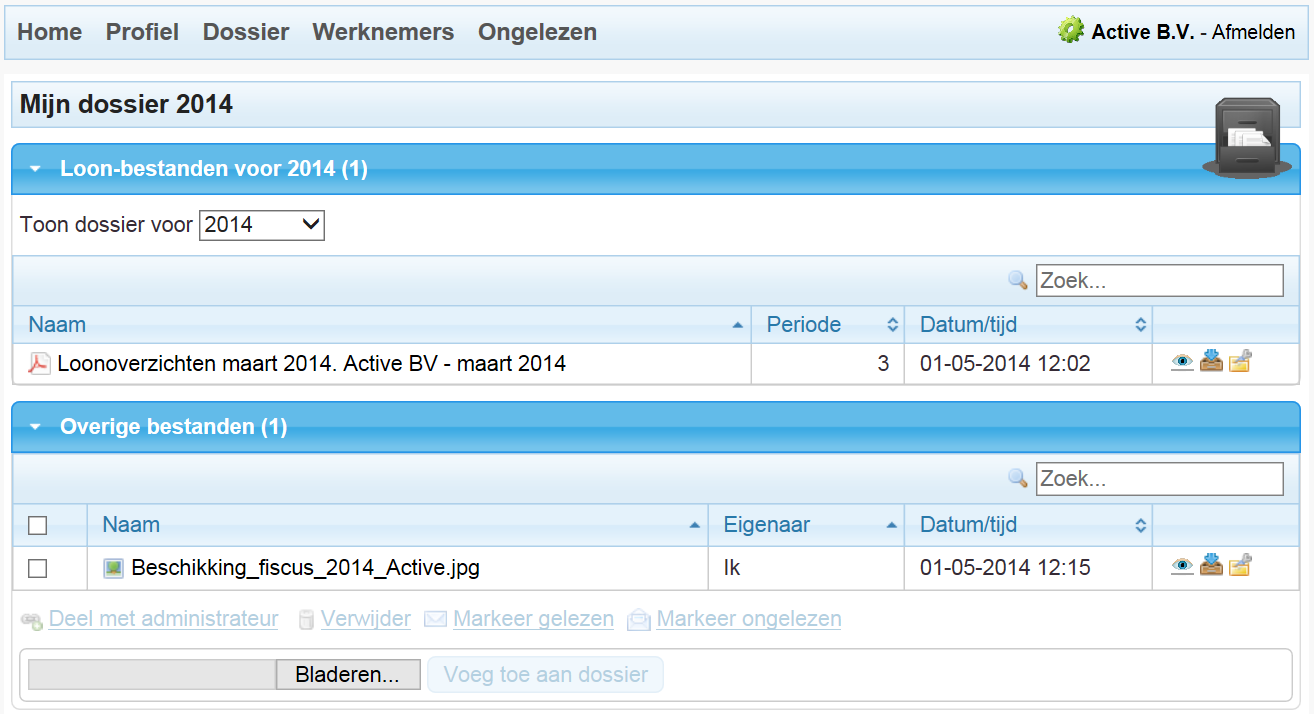 Afbeelding: mijn.loondossier.nl, Werknemersdossier (voorbeeld 2014) Dossier In Dossier ziet de werkgever de bestanden die zijn geüpload naar mijn.loondossier.nl, buiten de stroken aan de werknemers om.