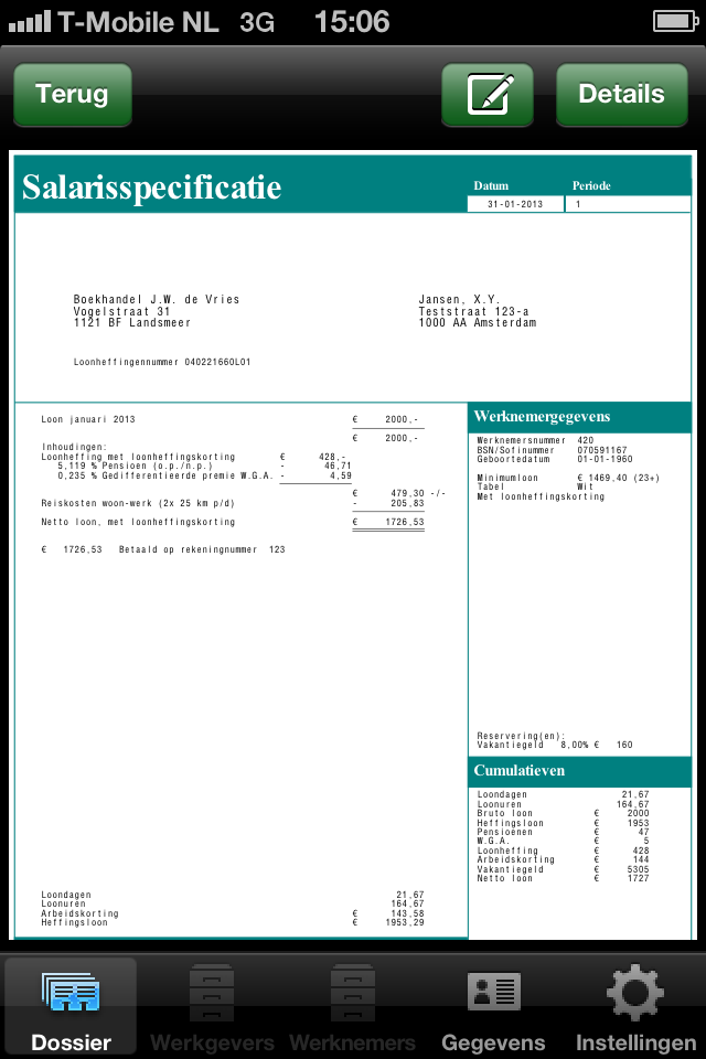 Afbeelding: Mijn.loondossier, Dossier Als u klikt op een loonstrook, dan verschijnt de bekende pdf-strook in beeld: Afbeelding: Mijn.