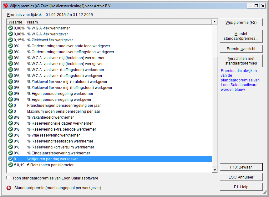 U bevindt zich nu in de tabbladen met de vaste werkgevergegevens. Klik op 'Premies', en 'Wijzig premies'.