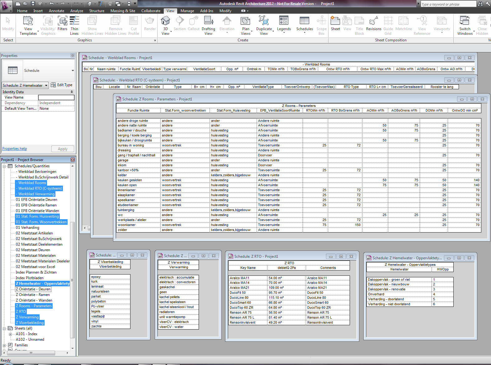 C3A-Workshop sept.-okt. 2014 REVIT BIM - Bouwdata Extractie blad 27 2.2.3 Schedule/Quantities van ROOMS en specifieke extracties In Revit is standaard een en ander voorbereid om Ruimte- en Oppervlakte-Analyses te maken.