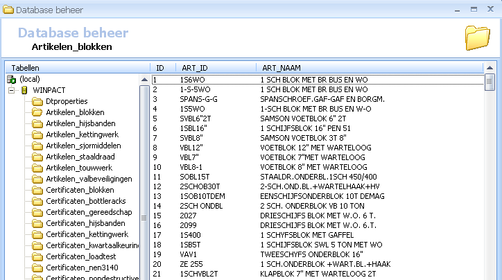 5. Systeembeheer 5.1 Database Bladeren Met deze functie kunt u door de database tabellen bladeren. Door op de veldnamen te klikken (ID, ART_ID etc.) kunt u tevens sorteren.