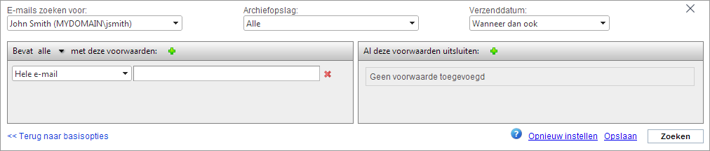 2. Typ de tekst die u zoekt in het tekstvak Alle gearchiveerde e-mails doorzoeken voor gebruiker. OPMERKING Het gebruik van jokertekens is als volgt toegestaan:?