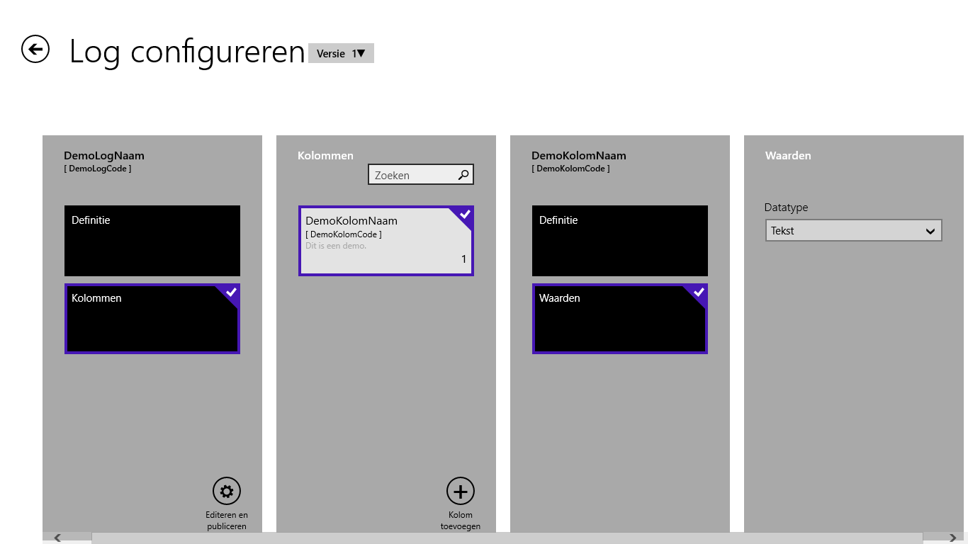 HOOFDSTUK 3. RESULTATEN 50 Wanneer het configuratiescherm zich in kolom-waarden toestand bevindt, kan de gebruiker het datatype van de kolom aanpassen. Figuur 3.