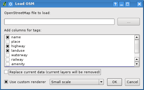 16.4.3 Toolbar menu icons Load OSM from file is used to load data from a special OpenStreetMap XML file. Show/Hide OSM Feature Manager is used to show or hide the OSM Feature widget.
