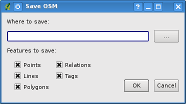 Figuur 16.7: OSM upload dialog 16.11 Saving OSM data Save OSM to To save data from a current map extent to an XML file click on the file button.
