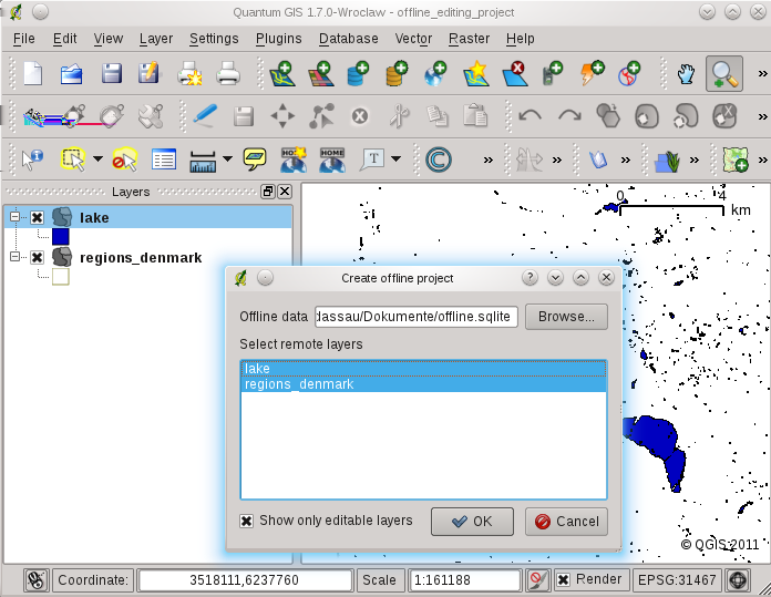 19.14.1 Using the plugin Open some vector layers, e.g. from a PostGIS or WFS-T datasource Save it as a project Convert to offline project Press the icon and select the layers to save.