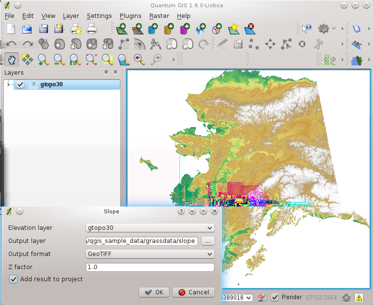 Figuur 19.27: Raster Terrain Modelling Plugin (slope calculation) 19.16.1 Gebruik van de plugin 1. Start QGS en voeg de rasterlaag gtopo30 uit de GRASS voorbeeldlocatie toe. 2.