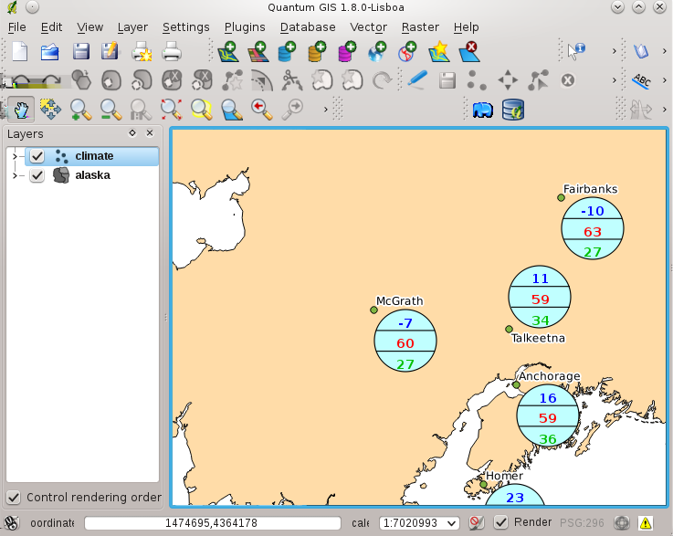 Figuur 11.25: Vector properties dialog with diagram tab 6. In het diagram willen we de waarden van de eerste drie kolommen tonen. T_F_JAN, T_F_JUL en T_F_MEAN.