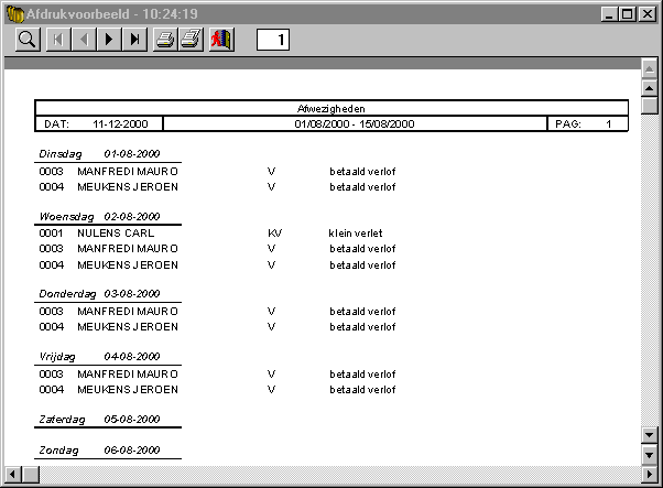 133 133 1.5.1.1.7 Afw ezigheden / datum Overzicht, per dag, van afwezigheden over de periode