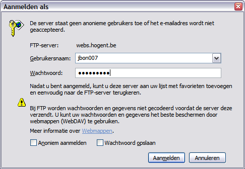 Windows 2000/XP 1. Open een Windows Verkenner (bvb. door te dubbelklikken op Deze Computer op uw bureaublad). 2. In de adresbalk typt u: ftp://webs.hogent.be 3. Druk op ENTER 4.
