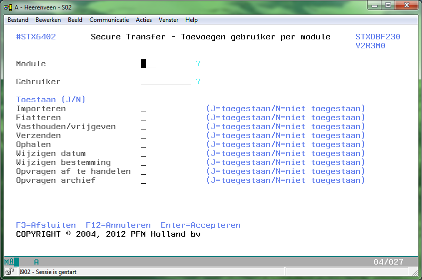 Figuur 2-7 Overzicht gebruikers per module - Kies F6 om toe te voegen Figuur 2-8 Toevoegen gebruiker per module 2.1.5 Wijzigen gegevens taakplanner Secure Transfer opt.1 Basisgegevens opt.