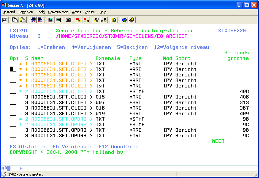 Figuur 2-18 Beheren directory-structuur Met optie 12 voor directory EQ_ARCHIEF krijgen we het volgende scherm: Figuur 2-19 Beheren directory-structuur Nu zien we dat een aantal gearchiveerde