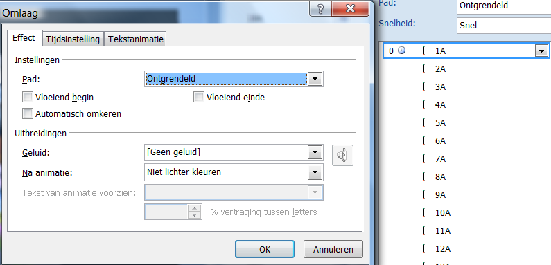 Dubbelklik op het effect in rechter venster > tabblad Effect: Neem de vinkjes weg bij Vloeiend begin en Vloeiend einde 95. Begin : Na vorige 96. Snelheid : Snel 97. Vertraging : 0 98.