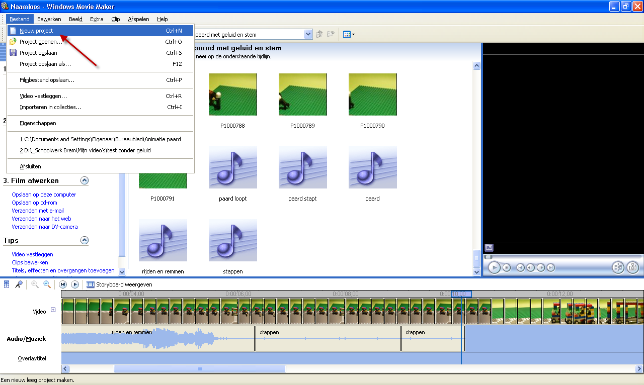 Laat MovieMaker het filmpje een eerste keer afwerken zodat we een extra geluidslaag kunnen toevoegen We kunnen helaas maar één laag geluid toevoegen per keer.