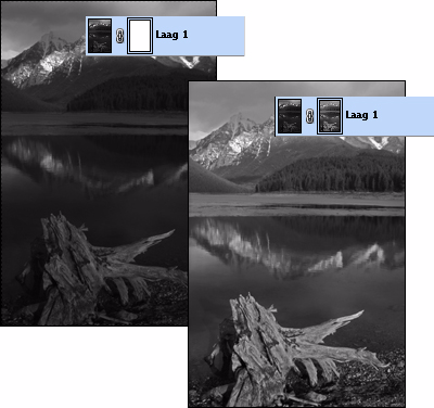 Sla de afbeelding op (Bestand > Opslaan als) als Combo en sluit de 2 originele afbeeldingen zonder deze op te slaan. Ga terug naar de overvloeimodus Normaal. 2. Laagmasker maken en de achtergrondlaag erin plakken.