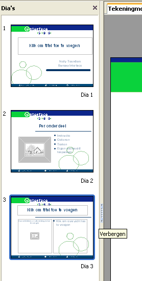 9 Scherm vervolg Op dit werkblad beschrijven we nog een aantal zaken die je tegenkomt op je scherm. In Impress heb je verschillende werkruimtes zoals de diasorteerder, overzicht etc.