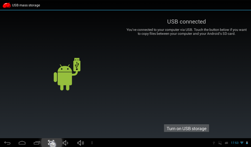 Selecteer USB connected. U ziet daarna het volgende menu: Selecteer de optie Turn on USB storage. Een MicroSD-kaart gebruiken De tablet wordt geleverd met 8GB intern geheugen.