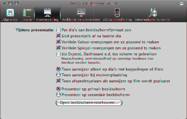 5 Kies Keynote > 'Voorkeuren' en klik vervolgens op 'Diavoorstelling'. Hier stelt u in op welk beeldscherm u de dia's tijdens de diavoorstelling wilt tonen.