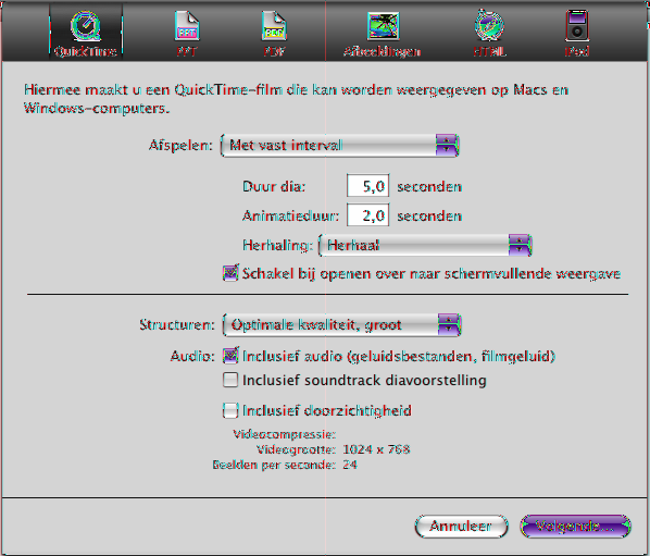 Een QuickTime-film aanmaken U kunt uw diavoorstelling omzetten in een QuickTime-film, inclusief alle bewegende overgangen en objectanimaties.