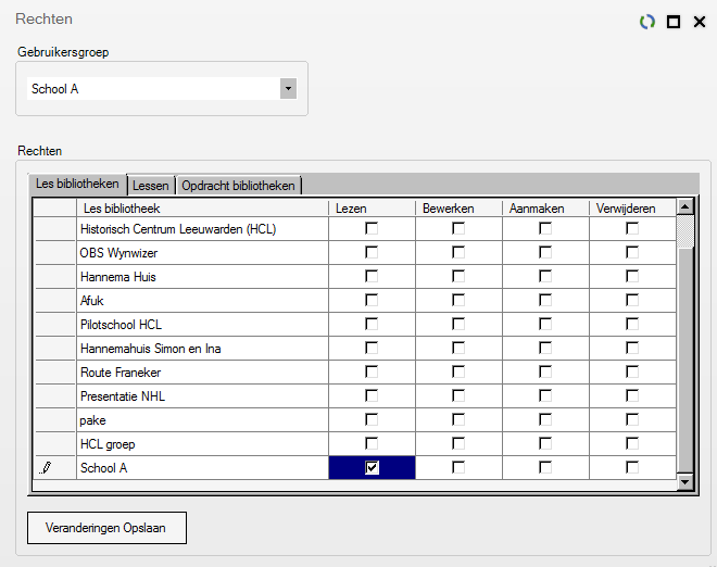 42. Vervolgens verschijnt dit scherm: 43 2 44 3 47 6 45 4 46 5 43. Zorg dat bij Gebruikersgroep geselecteerd staat: School A. 44. Klik bij Rechten op: het tabblad Les bibliotheken. 45. Vink bij School A aan wat je wilt dat school met de route kan doen.