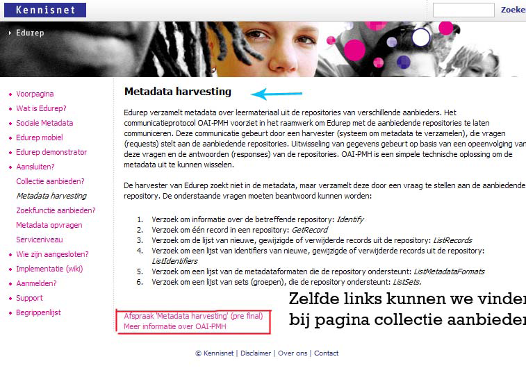 Collectie aanbieden & Metadata harvesting Binnen collectie aanbieden pagina zien we veel links die verwijzen naar websites die buiten edurep site.